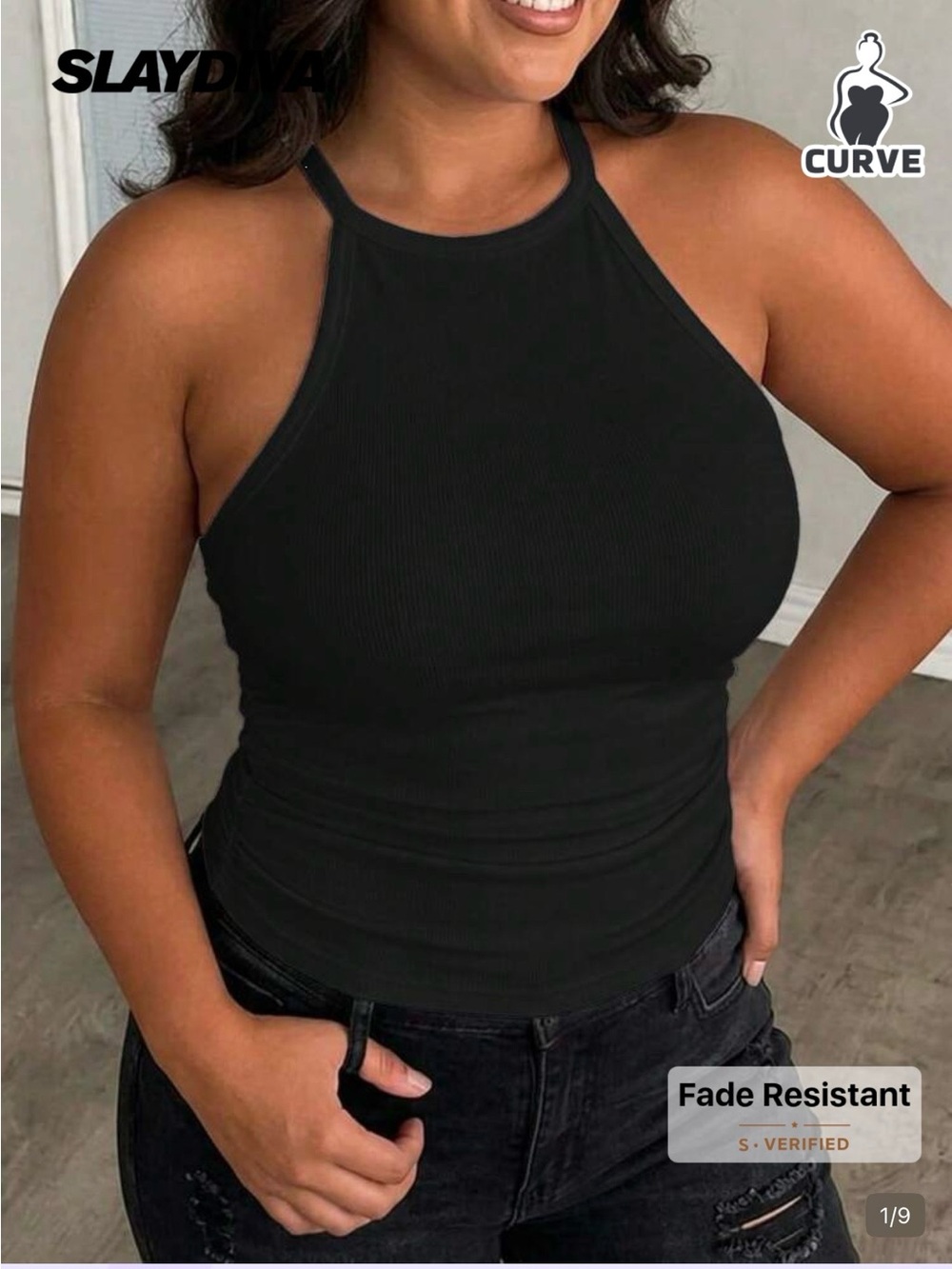 SHEIN Black Ribbed Halter Tank for Curve